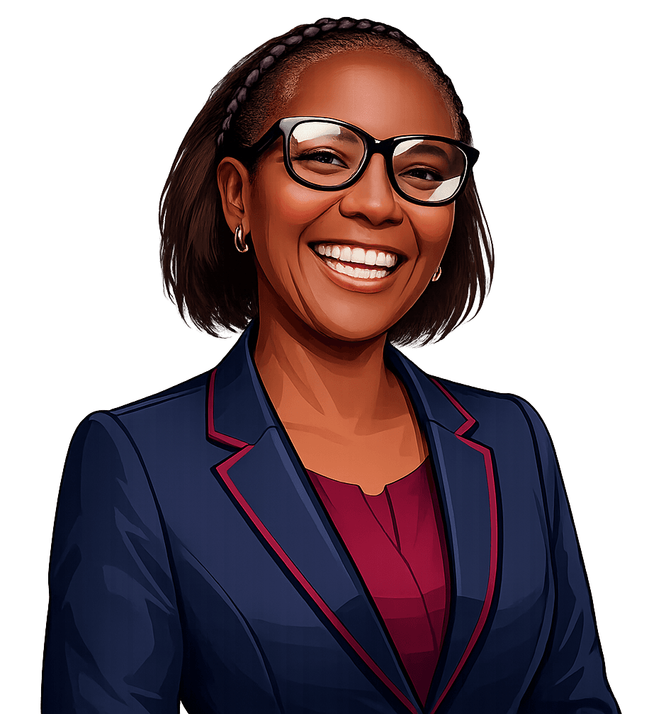 Cartoon portrait illustration of Dr. Eunice Abu smiling in a navy blazer